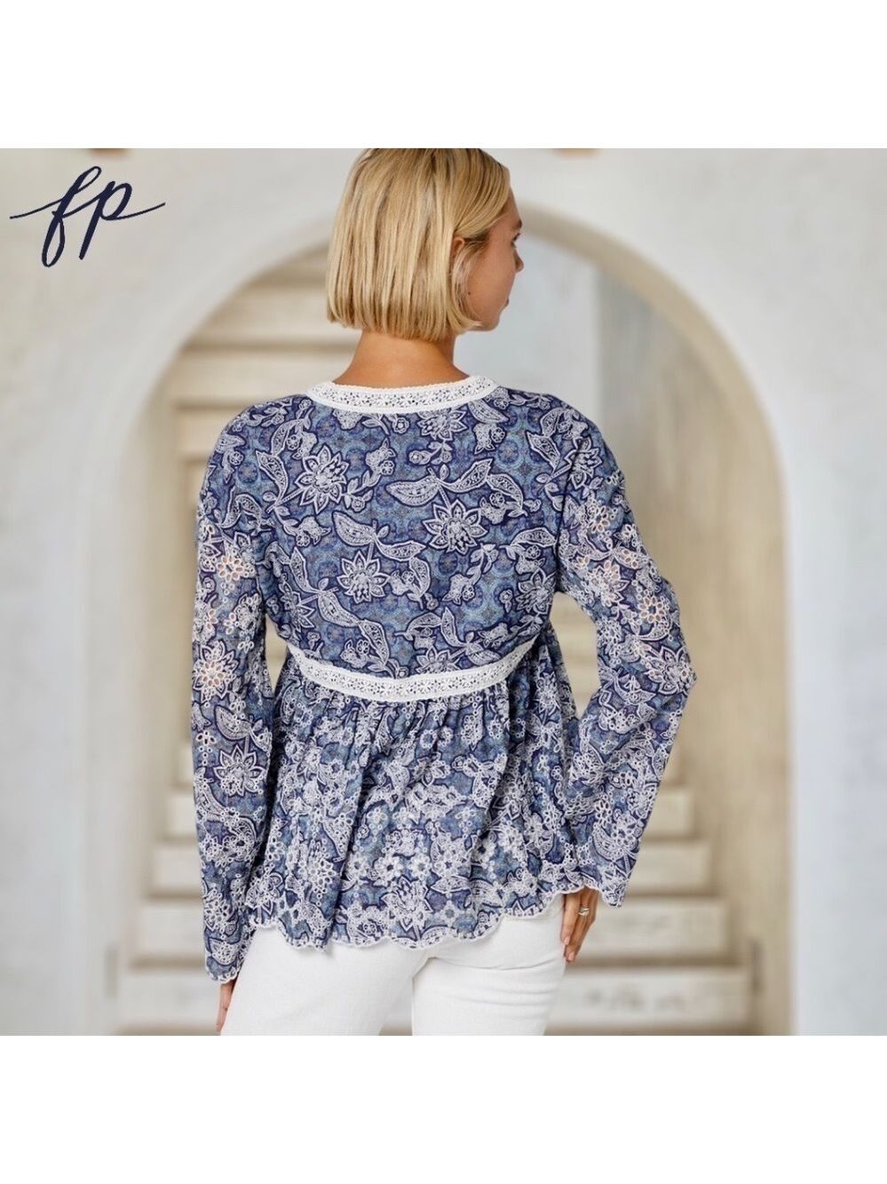 FREE PEOPLE NWT Anissa Floral-Print Eyelet/Embroidered Tie-Front Bed Jacket/Lg - Picture 2 of 14